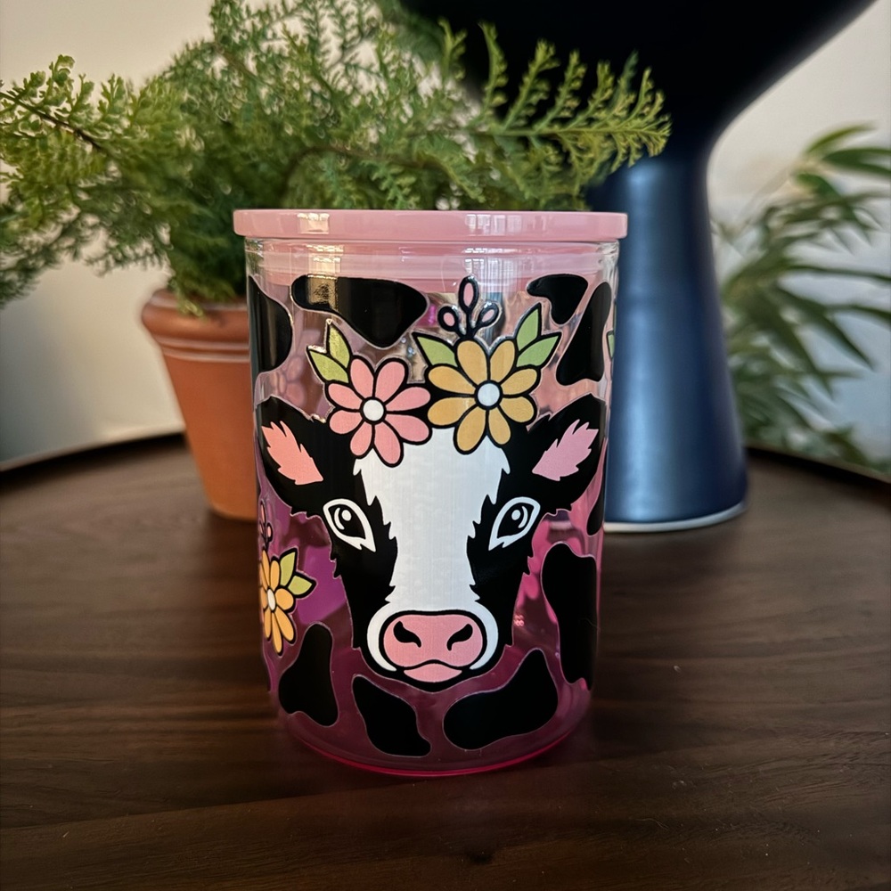 Highland Cow - cow print - glass can cup pink with flowers